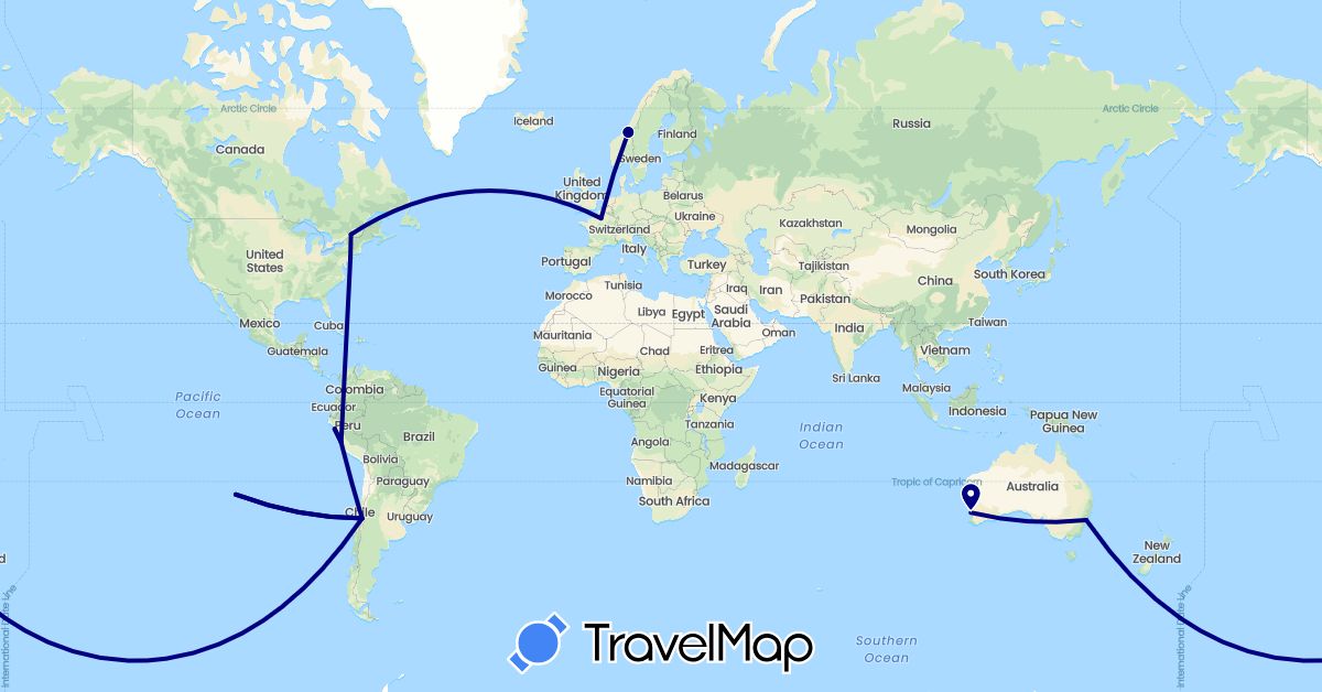 TravelMap itinerary: driving in Australia, Canada, Chile, France, Norway, Peru, United States (Europe, North America, Oceania, South America)